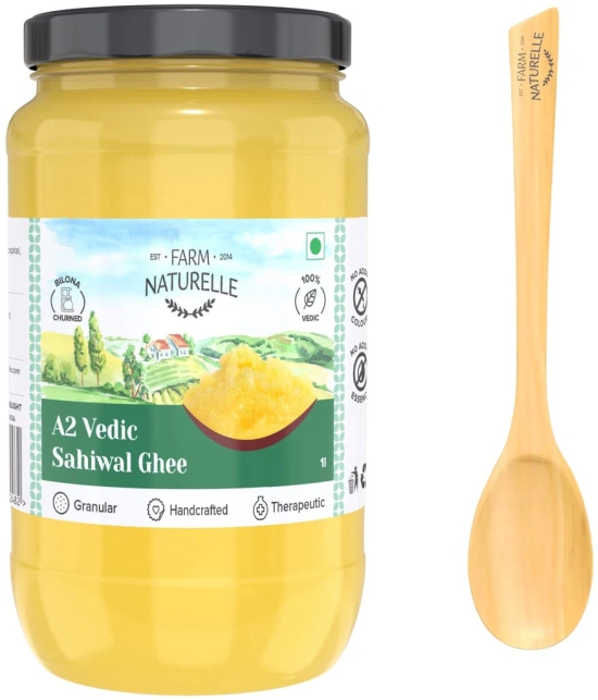 Farm Naturelle-A2 Desi Cow Ghee from Grass Fed Sahiwal Cows,Vedic Bilona Method-Curd Churned-Golden, Grainy & Aromatic, Keto Friendly, Non-GMO, Lab Tested, Glass Jar-1000ml and a Wooden Spoon.