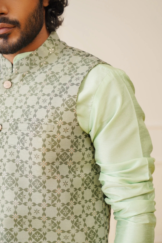 Mens Woven Design Nehru Jacket With Kurta Pyjama Set-S / Green