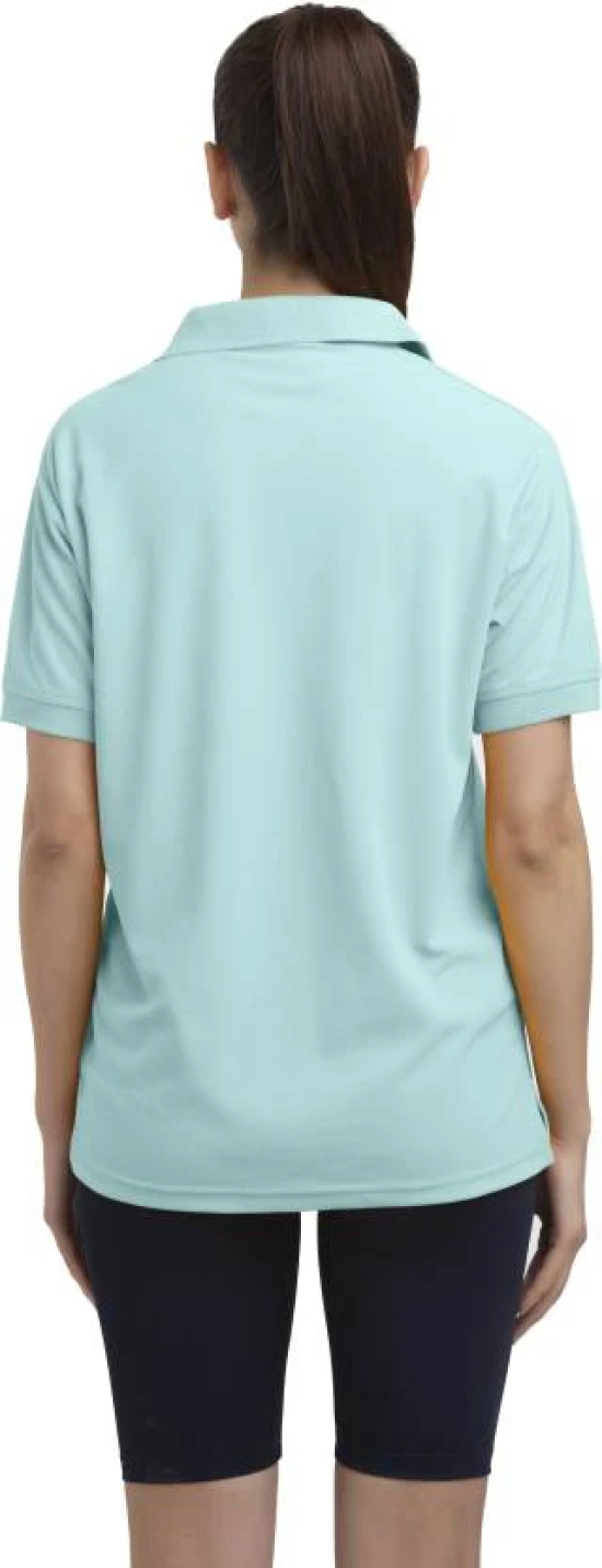 Women Solid Zip Neck Polyester Light Blue T-Shirt