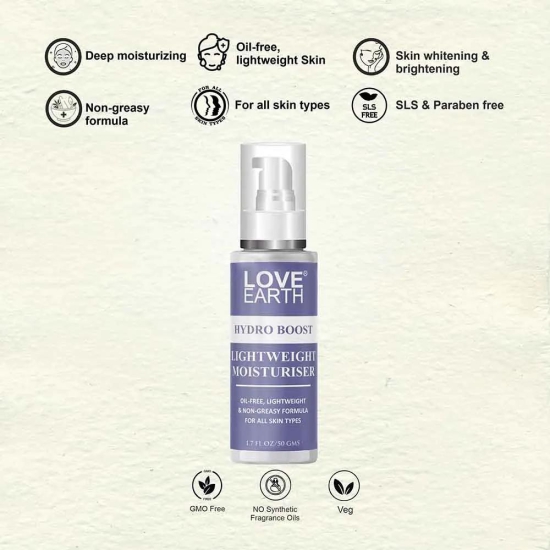 LOVE EARTH HYDRO BOOST LIGHT WEIGHT MOISTURIZER FOR OIL-FREE, LIGHTWEIGHT & NON-GREASY FORMULA FOR ALL SKIN TYPES - 50GM