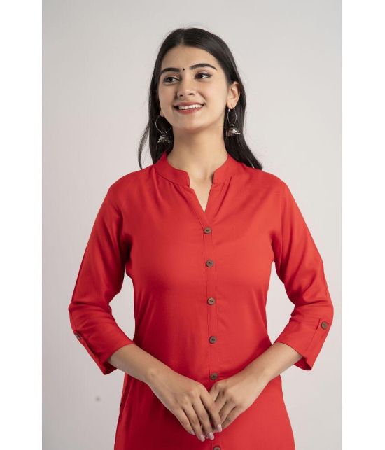 MAUKA - Red Rayon Women''s Front Slit Kurti ( Pack of 1 ) - None