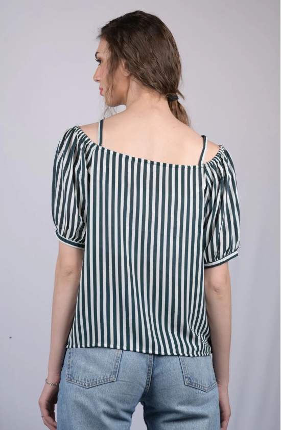 White and Green Striped Relaxed Fit Boat Neckline Top (OTL-TPS1021)-Blue / M