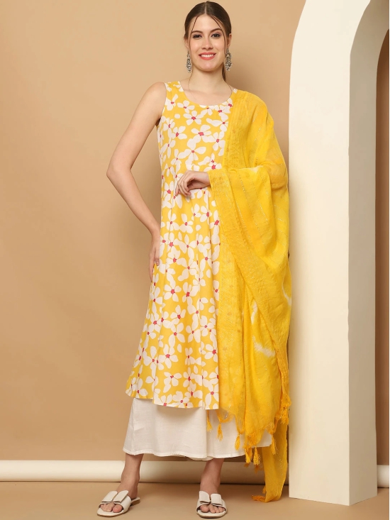 Printed yellow flowers flared kurta pallazos dupatta set-XL / Yellow