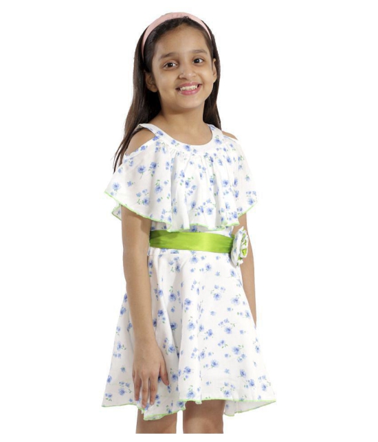 Kids Cave cut-out dress for girls fit and flare belted with flower fabric rayon floral print (Color_White, Size_3 Years to 12 Years) - None