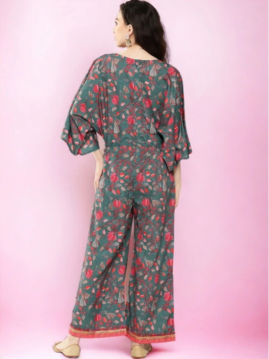 Green Floral Printed Basic Jumpsuit with Lace Inserts