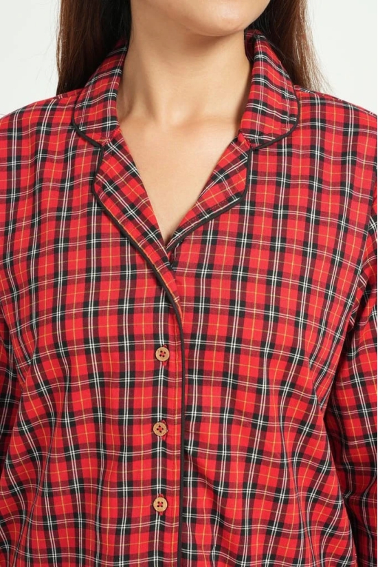 BREATHABLES Women Cotton Checks Nightsuit Shirt and Pants Co-ord Set 3/4 Sleeve Notched Collar Comfort Loose Fit Red(Night Wear | Co-ord set | Lounge Wear Set)