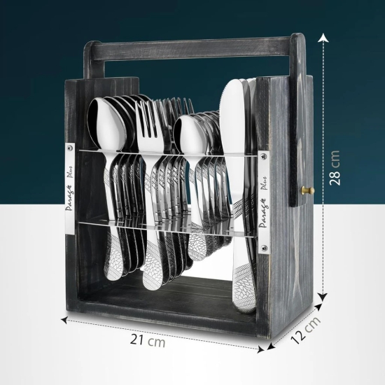 25 Pieces Stainless Steel Imperial Cutlery Set with Wooden Hanging Stand for Dining Table (Contains: 6 Tea Spoons, 6 Table Spoons, 6 Table Forks, 6 Knives), Stylish Spoon Set