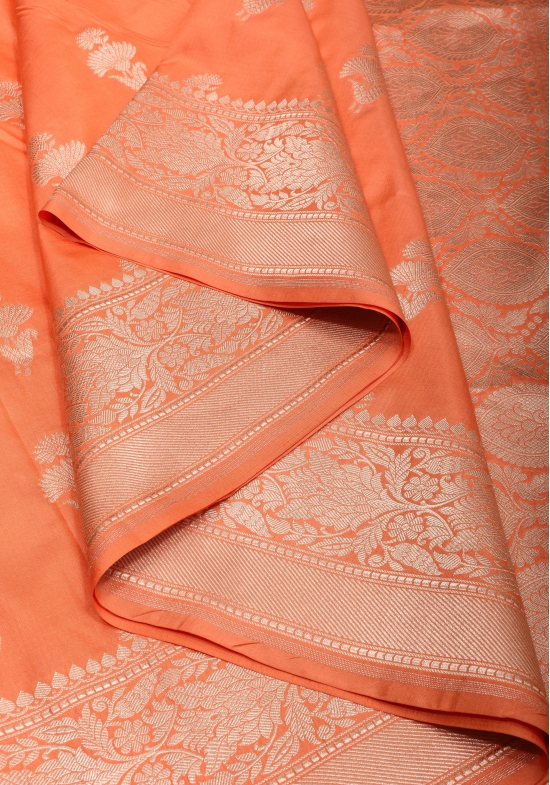 Exquisite Banarasi Katan Silk Saree inApricot with Floral Design pattern and zari border| SILK MARK CERTIFIED