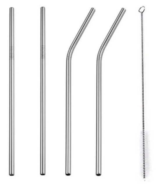 Extra Long Reusable Stainless Steel Drinking Straws - Set of 5 (2 Straight + 2 Bent + 1 Cleaning Brush) - Silver