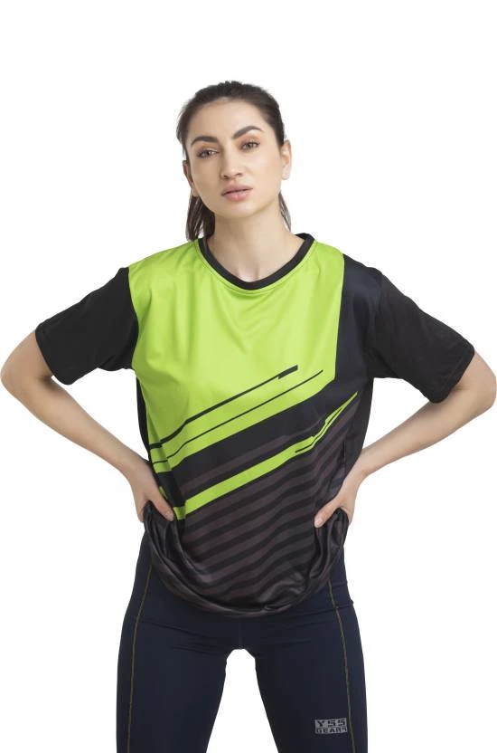 Women Colorblock Round Neck Polyester Black T-Shirt