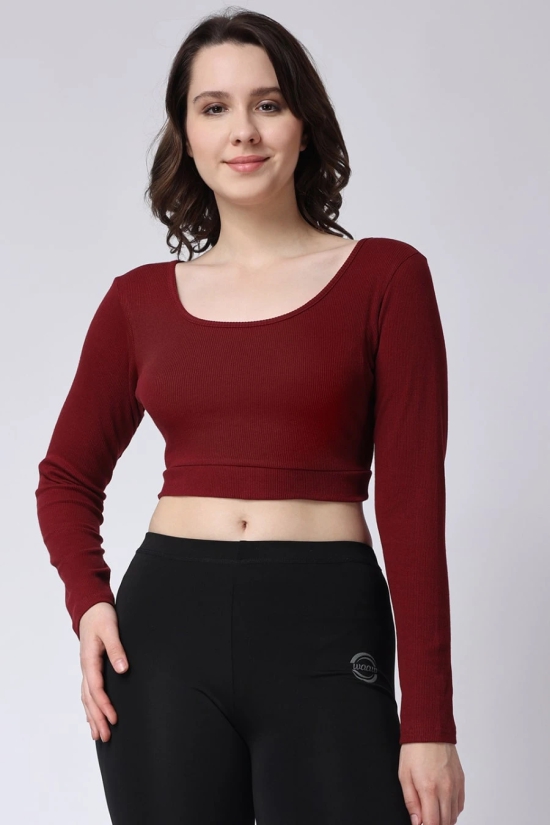 Womens Maroon Gym Rib Long Sleeve Crop Top-M / Maroon