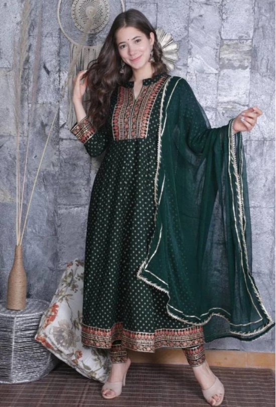 Womens Rayon Kurti with Bottom Set-XL / Green