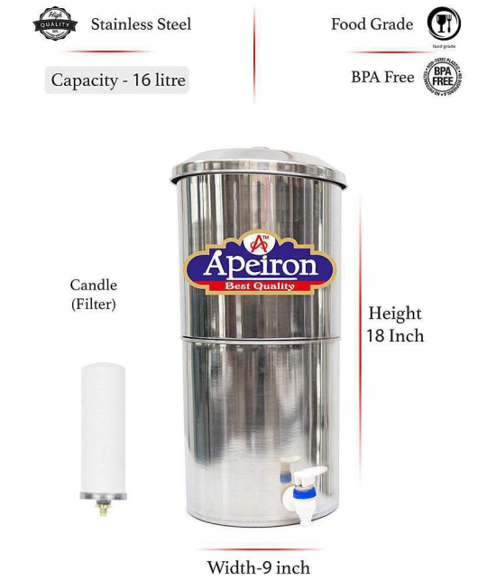 APEIRON STAINLESS STEEL WATER FILTER WITH 1 NEW CANDLE 16 Ltr Gravity Water Purifier