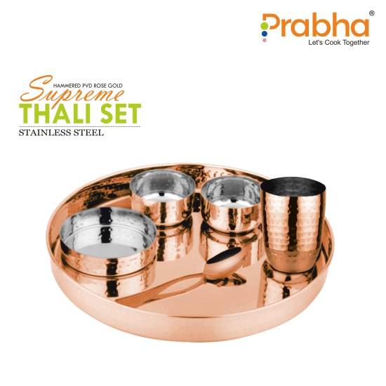 Stainless Steel Hammered Supreme Thali Set With PVD Coating-PVD Gold