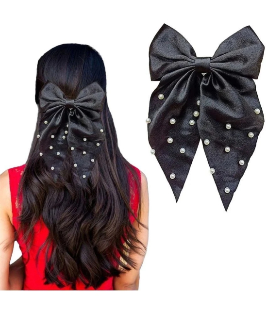 Lykaa Large Satin Hair Bow with Pearls Longtail Clips Hair Accessories for Women -1 Pcs (Multicolor) - Black