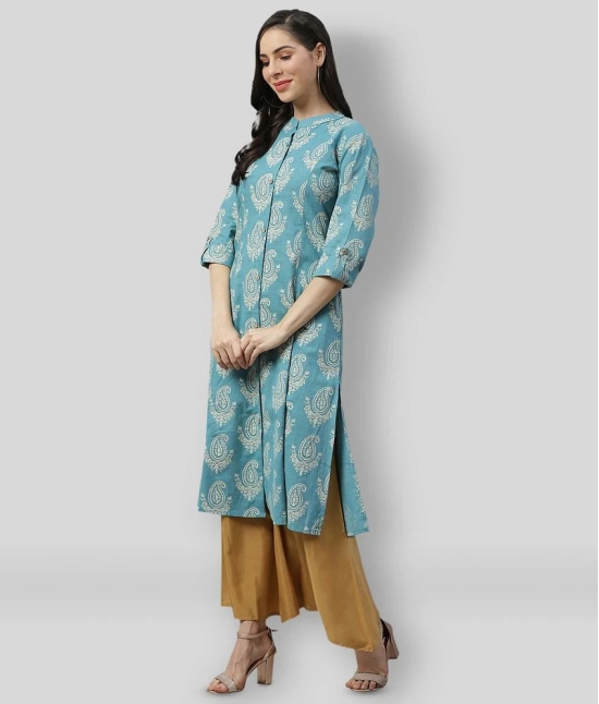 Divena - Turquoise Cotton Womens Front Slit Kurti ( Pack of 1 ) - 3XL