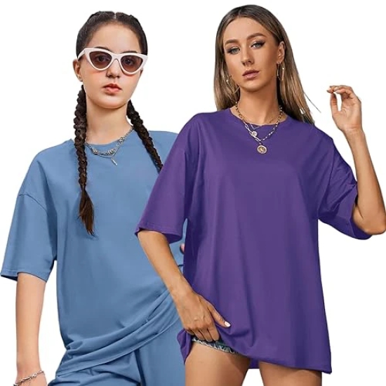 London Hills Womens Casual Round Neck Solid, Oversized Drop Shoulder Regular Fit T-Shirt Pack Of 2