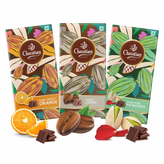 Chocolian Bakers Creame Coffee, Dark Rose Pistachio & Dark orange Chocolate Bar | Pack of 3 | 100% Veg | Eggless |