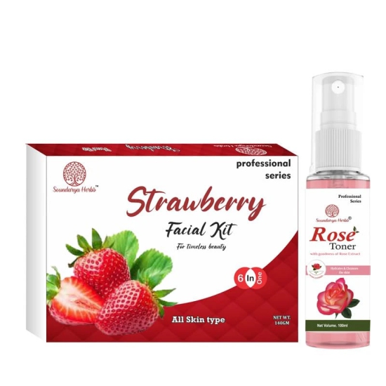 Soundarya Herbs Facial Kit (140gm) with Free 100ml Rose Toner | Achieve a Radiant Glow - Strawberry Facial kit