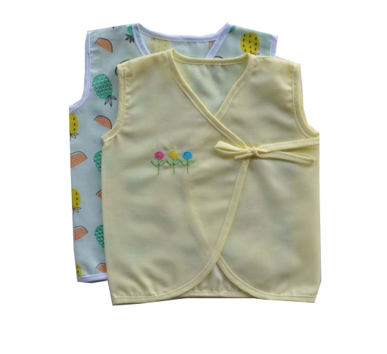 Plain Yellow Jhabla & Lt. Green Fruits Printed Jhabla 2pc Combo (100% Cotton)