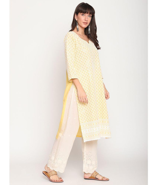 Queenley - Yellow Cotton Women's Straight Kurti ( Pack of 1 ) - M