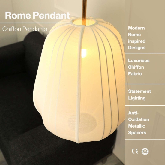 Luxe Collection Pendant Lamp - Rome Lamp - Premium Chiffon Fabric Pendant Light, Metallic Spacer, Soft Warm Glow, Mood Enhancement Hanging Light-White
