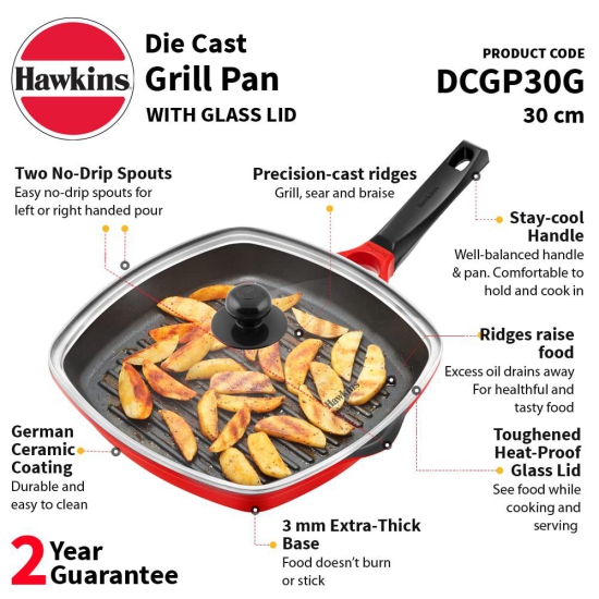 Hawkins 30 cm Grill Pan, Non Stick Die Cast Grilling Pan with Glass Lid, Square Grill Pan for Gas Stove, Ceramic Coated Pan, Roast Pan (DCGP30G) (Red)