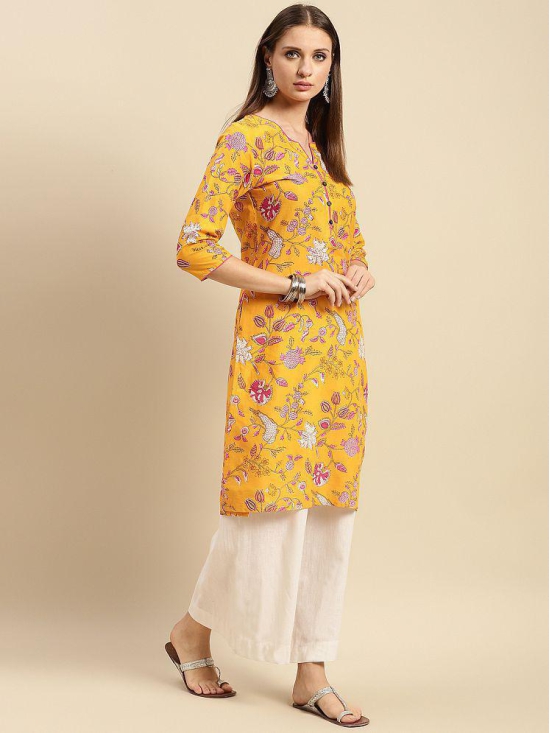 Rangita Women 100% Cotton Yellow Floral Printed Knee Length Straight Kurti - None