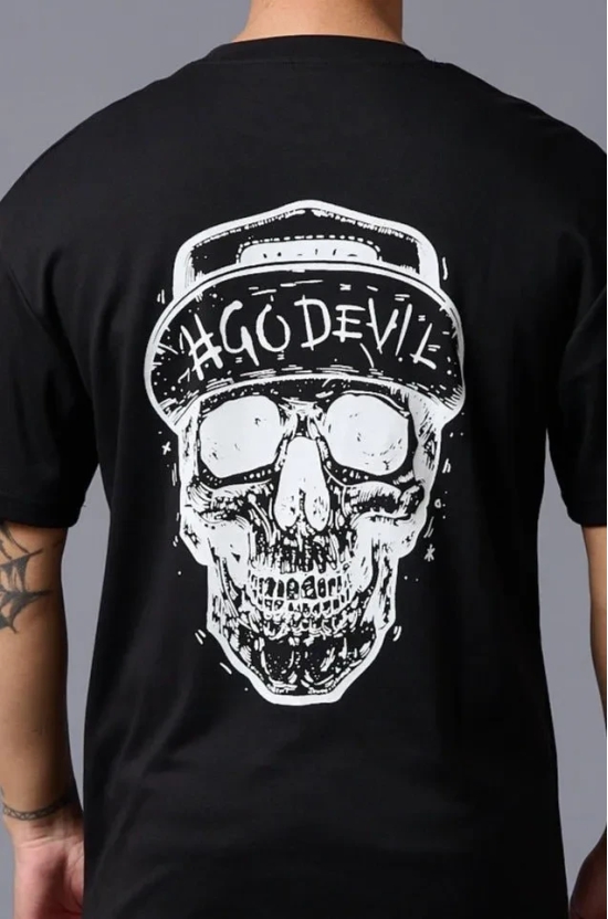 #Go Devil With Skull (in White) Printed Black Oversized T-Shirt for Men L