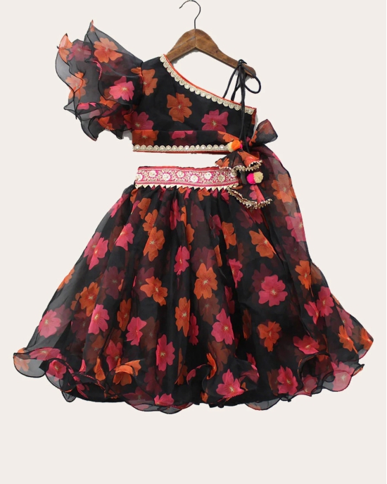 Kids Lehenga Choli in Georgette with Intricate Embroidery and Vibrant Flower Patterns-Black / 7 Years-8 Years