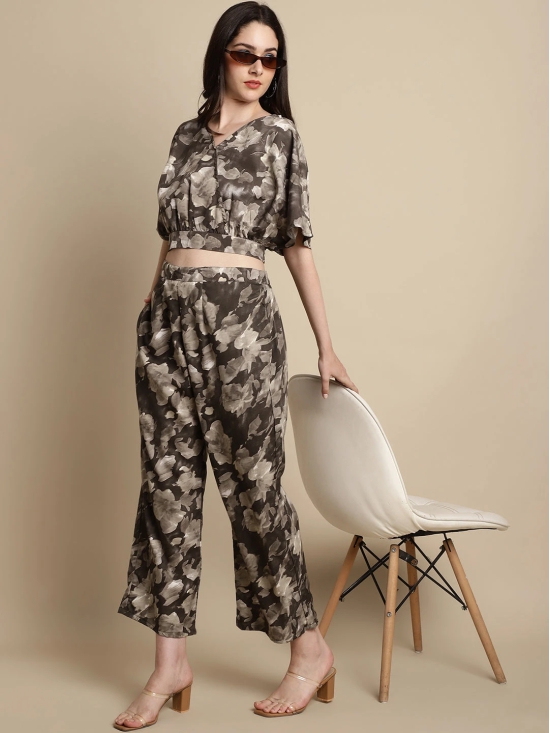 Women Brown Printed Crop Top With Palazzos-S / Brown