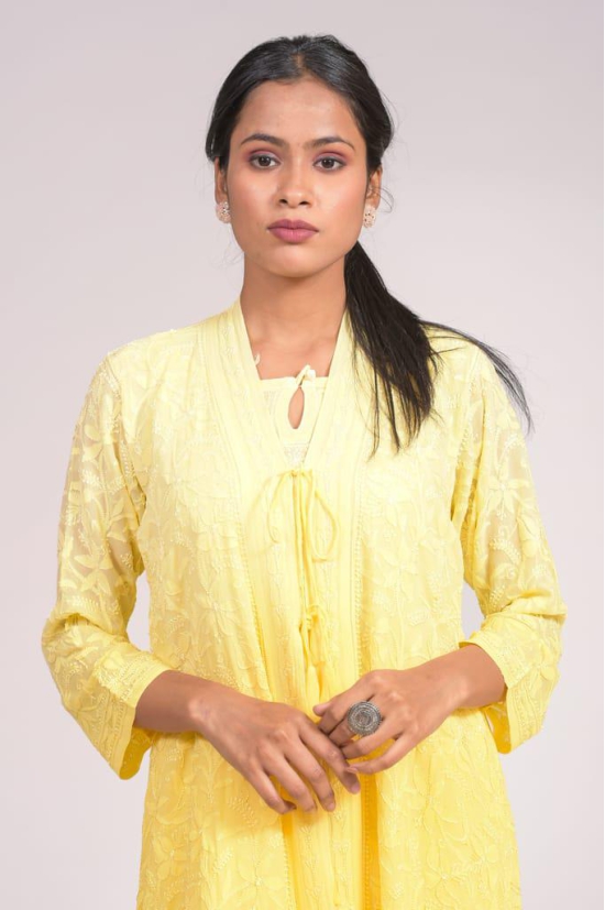 Ladies New Fashion Georgette Hand Chikankari Kurti Yellow