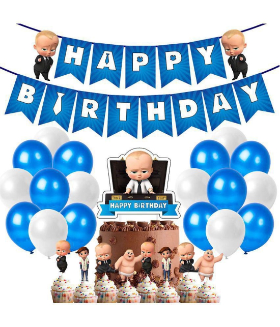 Party Propz Boss Baby Theme Decorations Combo Set - 52Pcs With Happy Birthday Banner, Metallic Balloons, Cake Toppers, Baby Boss Cup Cake Topper for Boys Bday Decorations Items /Kids Supplie