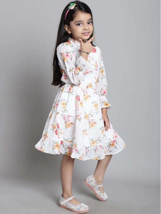 MINI & MING Girls Floral Printed Bell Sleeve Georgette Fit & Flare Dress