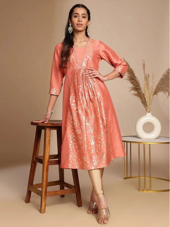 Janasya Silk Blend Embellished Anarkali Womens Kurti - Peach ( Pack of 1 ) - None