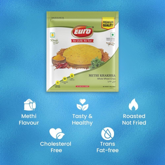 Euro Methi Khakhra 180Gm Pack of 4 |Roasted Not Fried | Cholesterol Free | Zero Transfat |Vacuum-Sealed for Freshness | Authentic Gujarati Snack, Ideal for Tea Time | Healthy Khakhra Options| Healthy Snacking