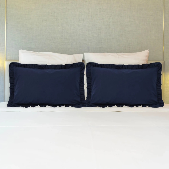 Frill 100% Cotton Bed Pillow Cover | Set of 2 Ink Blue