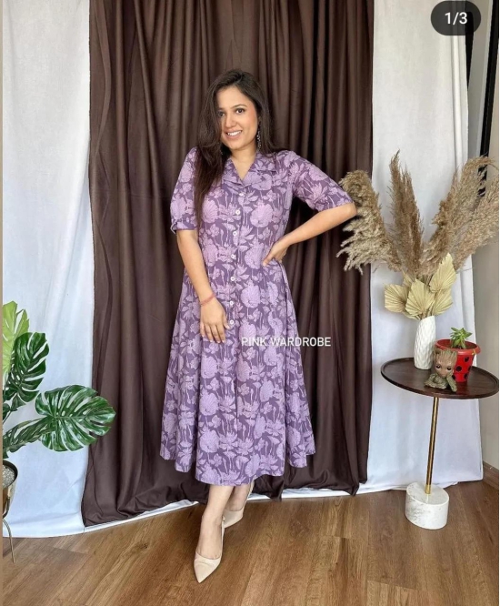 Women Casual Cotton Dress-Purple / M
