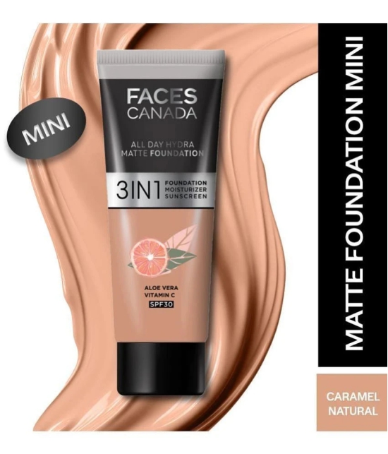 FACES CANADA Hydra Matte Foundation Mini 3-in-1 Foundation,Moisturizer ,SPF 30 Caramel Natural, 15ml