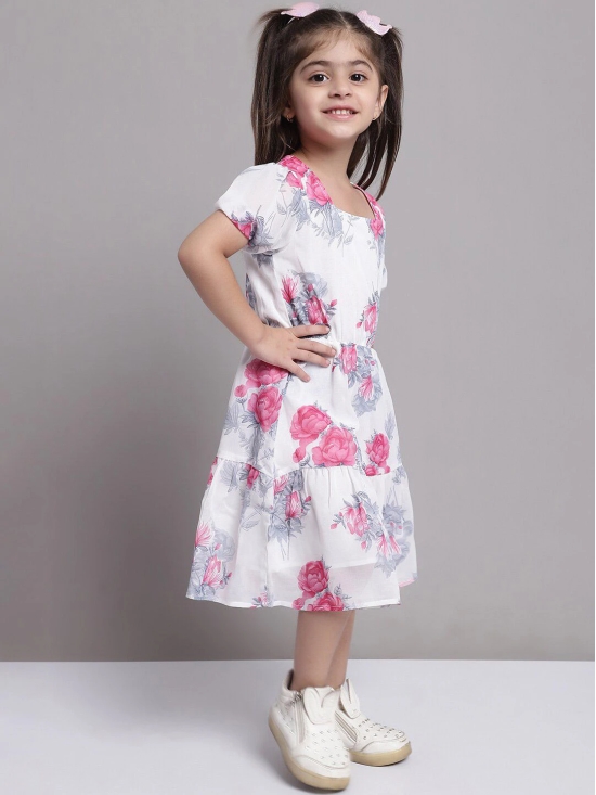 MINI & MING Girls Floral Printed Puff Sleeve Georgette A-Line Midi Dress