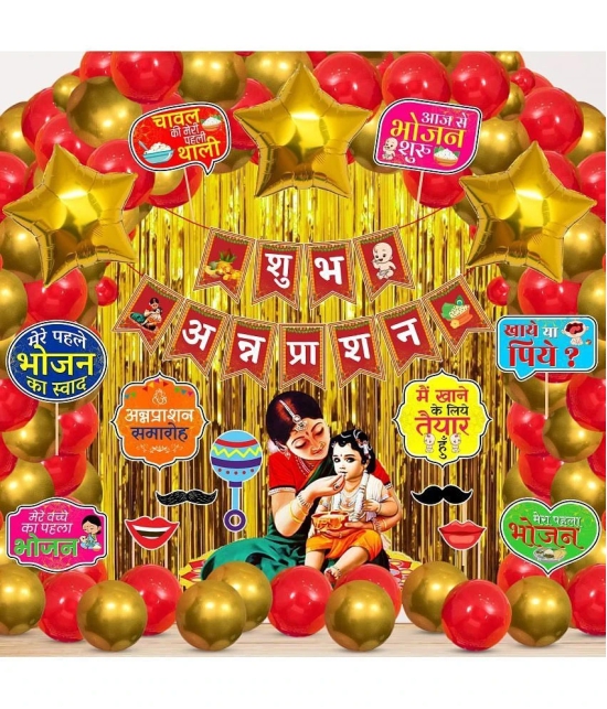 Zyozi ® Shubh Annaprashan Decorations Item | Baby Rice Ceremony Decorations| Rice Ceremony Decorations Combo - Banner, PhotoBooth Props, Foil Balloons (Pack Of 51) - Red