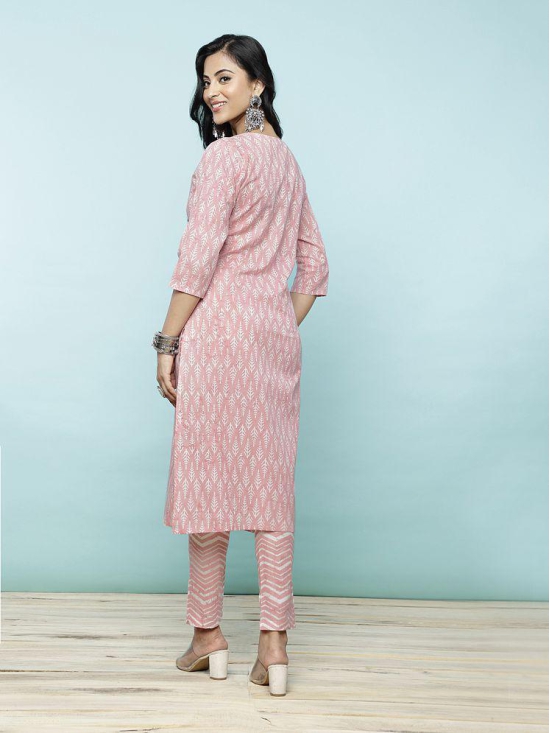 Rangita Women Cotton Peach Printed Calf Length Straight Kurti With Pants - None