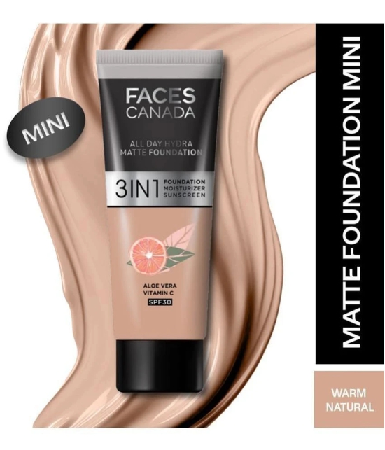 FACES CANADA Hydra Matte Foundation Mini 3-in-1 Foundation + Moisturizer ,SPF 30, Warm Natural, 15ml