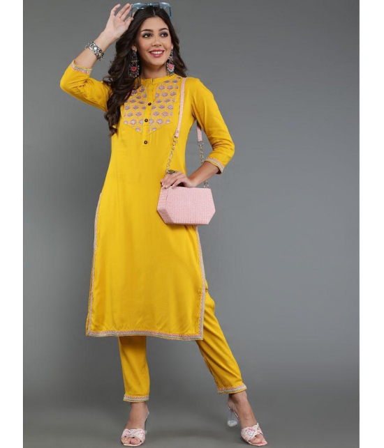 Antaran Viscose Embroidered Kurti With Pants Womens Stitched Salwar Suit - Yellow ( Pack of 1 ) - None