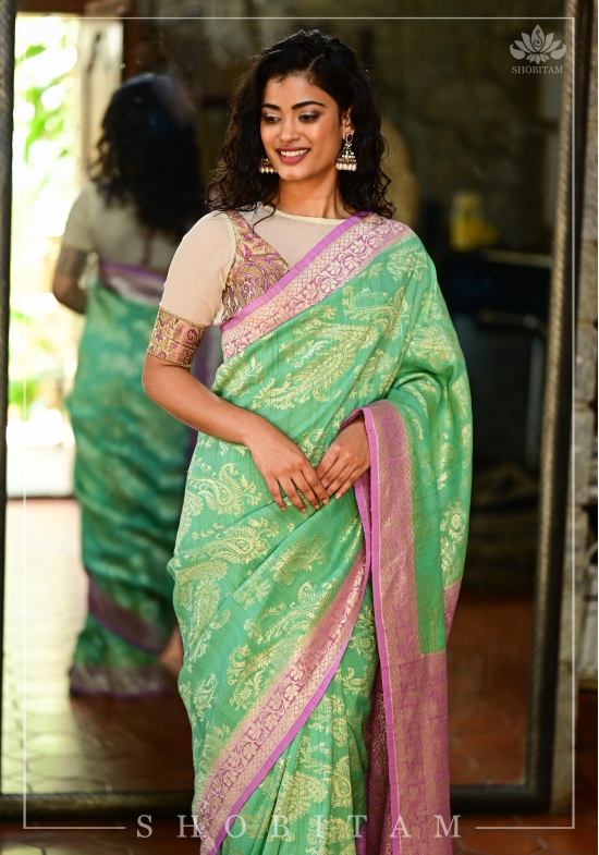 Exquisite Tussar Georgette Silk Saree in Sea Green and Lilac with Silver Paisley Jaal | SILK MARK CERTIFIED