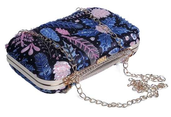 Exclusive Embellished women Hand Clutch cum sling bag (Blue With Multi Color)