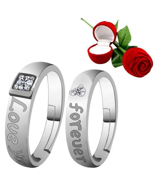 Silver Plated Adjustable Couple Rings Set for lovers Ring with 1 Piece Red Rose Gift Box  for Men and Women - None