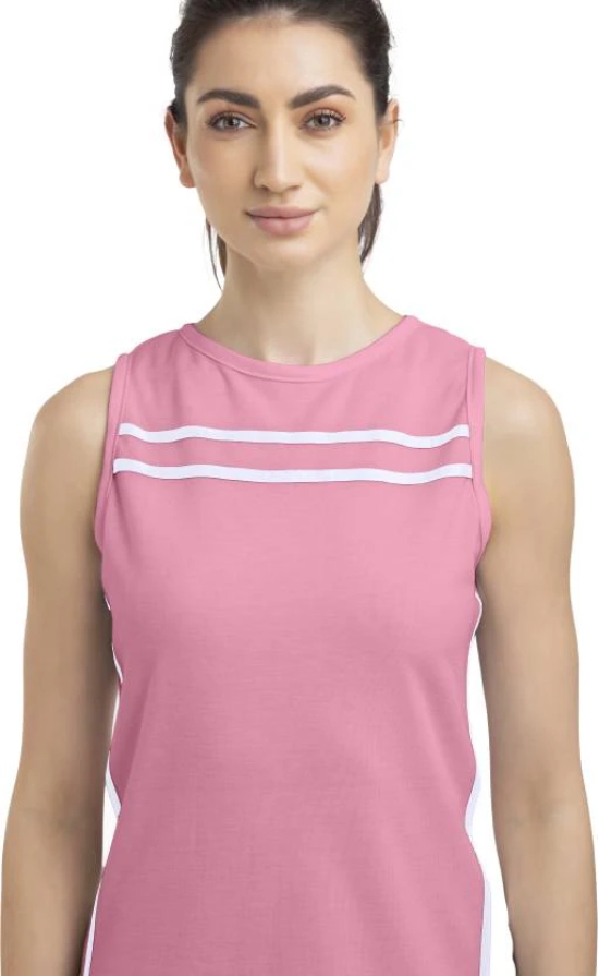 Women Striped Round Neck Poly Cotton Pink T-Shirt