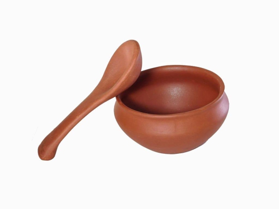 KSI Clay Bowls with Spoons for Kitchen & Restaurant Terracotta Handmade Clay Soup Bowl with Spoon for Soup, Dal, Kadhi, Curry 250 ml Each (Pack of 4)