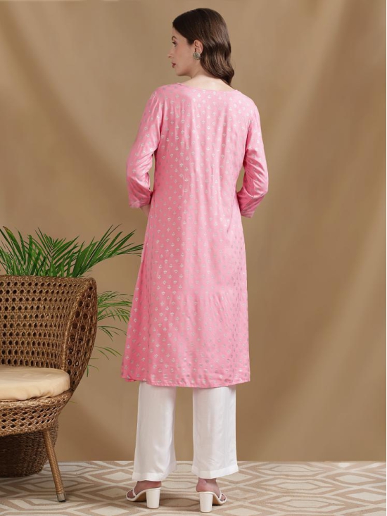 Rangita Women Rayon Pink Printed Calf Length A-line Kurti - None